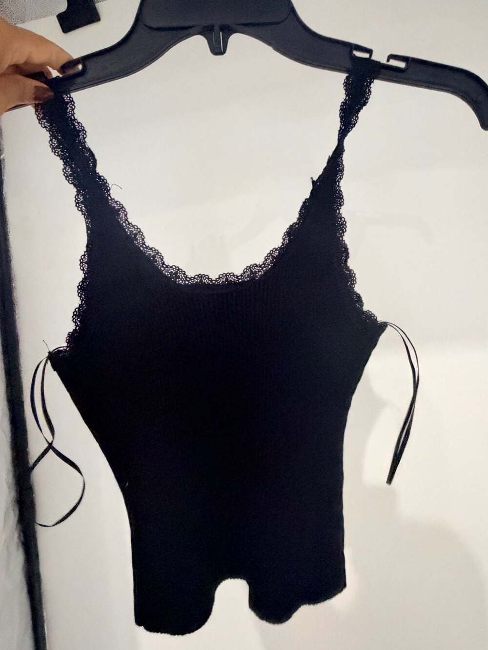 Black Ribbed Lace Trim Button Front Tank Top S/M